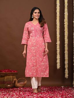 Rimeline - Women Printed V-Neck Pure Cotton Straight Kurta