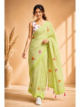 KAYOMMI - Women Green Cotton Floral Printed Saree with Tassels and Unstitched Blouse Piece