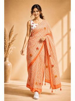 KAYOMMI - Women Orange Cotton Floral Printed Saree with Tassels and Unstitched Blouse Piece