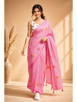 KAYOMMI - Women Pink Cotton Floral Printed Saree with Tassels and Unstitched Blouse Piece