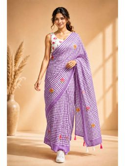 KAYOMMI - Women Purple Cotton Floral Printed Saree with Tassels and Unstitched Blouse Piece