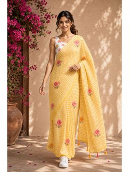 KAYOMMI - Women Yellow Cotton Floral Printed Saree with Tassels and Unstitched Blouse Piece