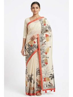 THE WEAVERS SHOP BY RAAVI - Women White and Red Printed Pure Cotton Saree and Unstitched Blouse Piece