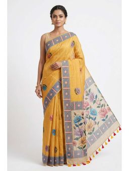 THE WEAVERS SHOP BY RAAVI - Women Mustard Yellow and Beige Printed Saree and Unstitched Blouse Piece