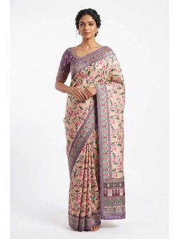 THE WEAVERS SHOP BY RAAVI - Women Beige and Purple Silk Blend Saree and Unstitched Blouse Piece