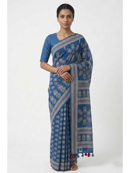 THE WEAVERS SHOP BY RAAVI - Indigo Blue Floral Printed Saree with Tassels and Unstitched Blouse Piece