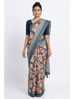 THE WEAVERS SHOP BY RAAVI - Floral Printed Silk Blend Saree and Unstitched Blouse Piece