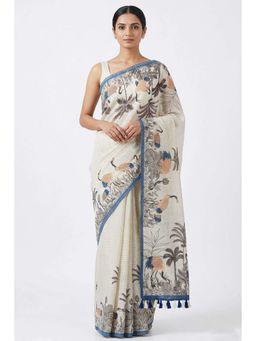 THE WEAVERS SHOP BY RAAVI - Off-White Cotton Warli Art Inspired Saree and Unstitched Blouse Piece