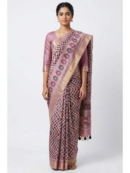 THE WEAVERS SHOP BY RAAVI - Mauve Silk Blend Geometric Printed Saree and Unstitched Blouse Piece