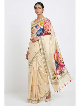 THE WEAVERS SHOP BY RAAVI - Cream Tusser Silk Blend Saree with Tassels and Unstitched Blouse Piece