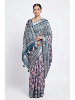 THE WEAVERS SHOP BY RAAVI - Blue Floral Printed Silk Blend Saree and Unstitched Blouse Piece
