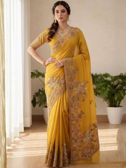 Odette - Mustard Chiffon Lace Work Saree and Unstitched Blouse Piece