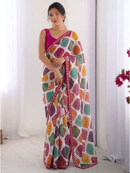 Odette - Multicolour Georgette Lace Work Saree and Unstitched Blouse Piece