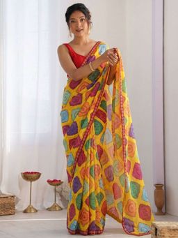 Odette - Multicolour Georgette Lace Work Saree and Unstitched Blouse Piece