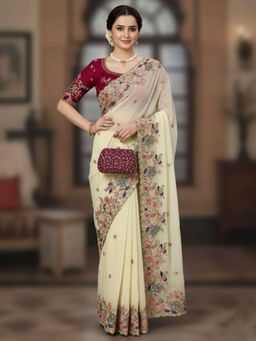Odette - Off White Georgette Sequence And Cut Work Saree and Unstitched Blouse Piece