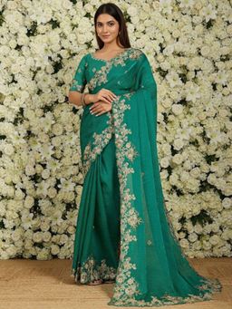 Odette - Teal Blue Chiffon Sequence And Cut Work Saree and Unstitched Blouse Piece