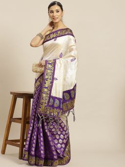 ISHIN - Womens Art Silk Purple & Off White Woven Design Saree with Unstitched Blouse
