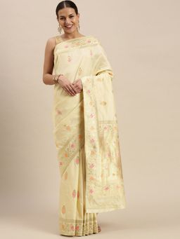 Sangam Prints - Beige Jacquard Silk Jacquard Work Saree with Unstitched Blouse with Unstitched