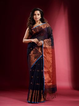 CHARUKRITI - Navy Blue with Zari Design and Contrast Pallu Saree with Unstitched Blouse
