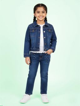 KiddoPanti - Denim Blue Embellished Jacket with T-shirt with Jeans