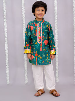 The Little Tales - Cotton Silk Green Floral Kurta with Pyjama
