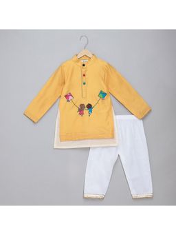 The Little Tales - Cotton Silk Yellow Embroidered Kurta with Pyjama