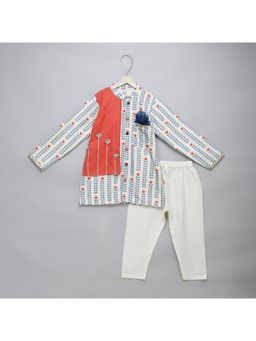 The Little Tales - Cotton Silk Coral Floral Kurta with Pyjama