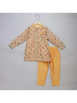 The Little Tales - Cotton Silk Beige Floral Kurta with Pyjama