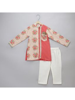 The Little Tales - Cotton Silk Coral Floral Kurta with Pyjama
