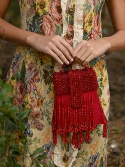 Odette - Red Beaded Clutch Bag with Tassels