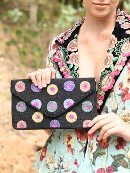 Odette - Black Patterned and Beaded Sling Bag