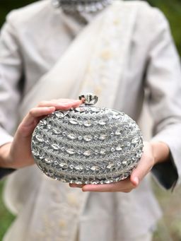 Odette - Silver Color Bridal Embellished Clutch