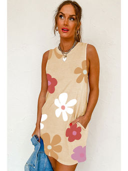 PARTIQ - Beige Apricot Daisy Flower Print Tank Mini Dress