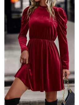 PARTIQ - Red Dahlia Velvet Frilled Neck Gigot Sleeve Swing Dress