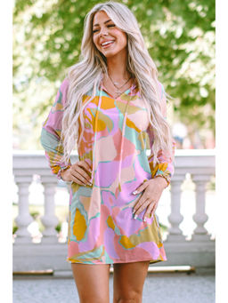 PARTIQ - Multi-Color Abstract Print Frill Split Neck Mini Dress
