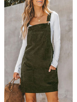 PARTIQ - Green Solid Front Pockets Sleeveless Corduroy Overall Dress