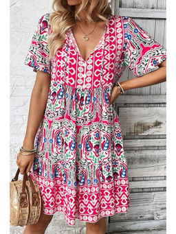 PARTIQ - Multi-Color Printed Tie Neck Ruffle Hem Short Dress