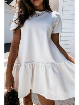 PARTIQ - White Frilly Splicing Hem Short Sleeve Casual Dress