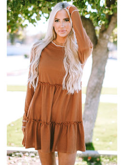 PARTIQ - Brown Textured Tiered Ruffled Long Sleeve Mini Dress