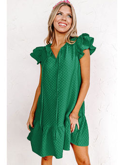 PARTIQ - Green Flutter Sleeve Textured Shift Dress