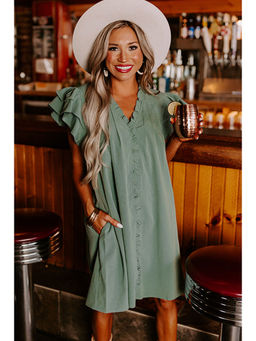 PARTIQ - Mist Green Ruffle Sleeve V Neck Frilled Shift Dress