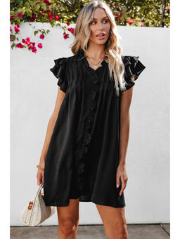 PARTIQ - Black Ruffle Sleeve V Neck Frilled Shift Dress