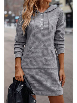 PARTIQ - Grey Textured Kangaroo Pocket Drawstring Hooded Mini Dress