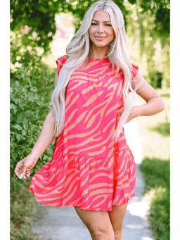 PARTIQ - Pink Zebra Stripe Printed Ruffle Trim Pocketed Dress