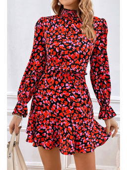 PARTIQ - Red Heart Shape Print Long Sleeve Mini Dress