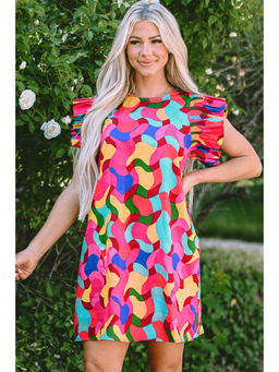 PARTIQ - Multi-Color Abstract Print Ruffle Sleeve Shift Dress