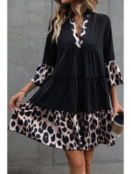 PARTIQ - Black Leopard Trim Flared Dress