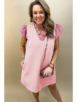 PARTIQ - Light Pink Textured Ruffled V Neck Shift Mini Dress