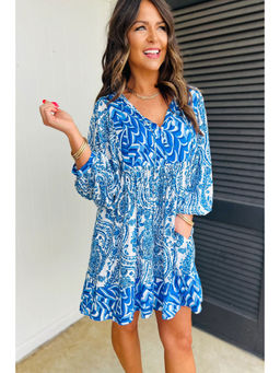 PARTIQ - Sky Blue Bohemian Print Flared Mini Dress