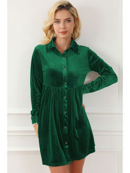 PARTIQ - Green Long Sleeve Ruffle Velvet Button Up Dress